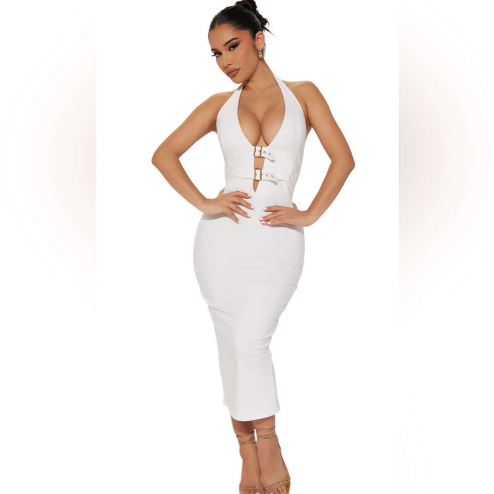 Fashion Nova “Blake” Midi Halter Dress in White Size Small NWT
